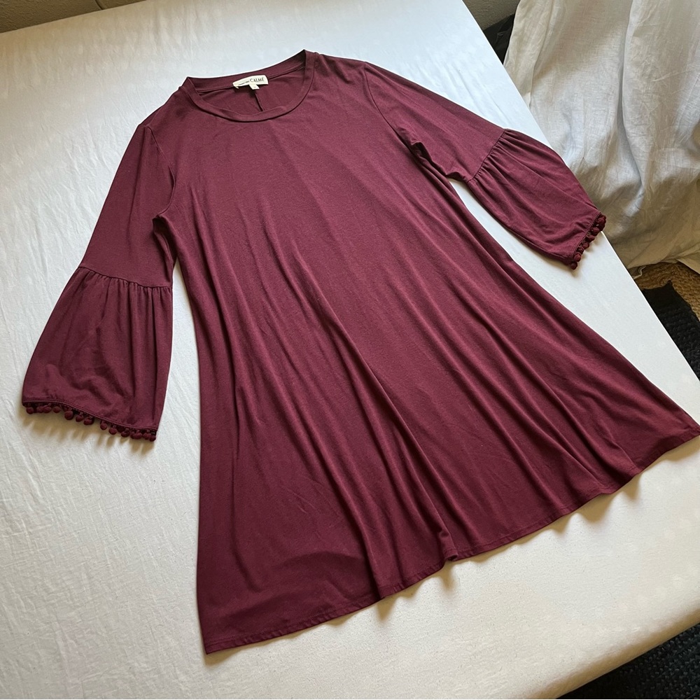 Johnny Was calme maroon burgundy purple puff knit pom tassel sleeve mini dress